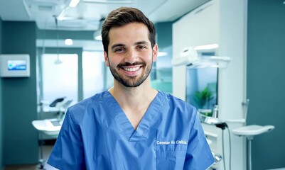 Wall Mural - Portrait video of a compassionate dentist in scrubs in a modern dental clinic setting