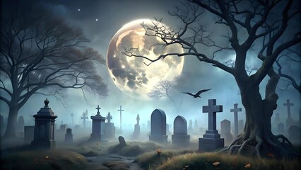 Wall Mural - Eerie Moonlight Illuminates a Spooky Graveyard  Generative AI