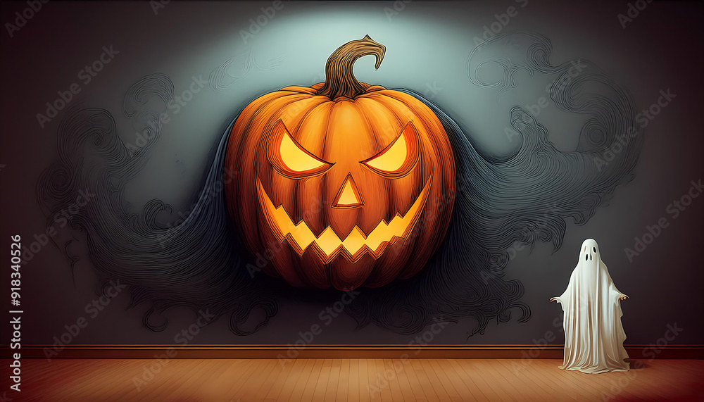 Pumpkin on the Wall with Ghost- A generative AI depiction of a ...