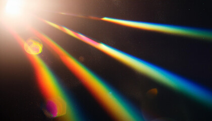 Poster - Abstract Light Refraction on Black Background. Spectrum of Rainbow Colors Blurred by Lens Flare, Featuring Vibrant Red, Orange, Green, and Blue Hues in a Soft, Ethereal Glow