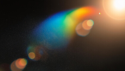 Poster - Abstract Light Refraction on Black Background. Spectrum of Rainbow Colors Blurred by Lens Flare, Featuring Vibrant Red, Orange, Green, and Blue Hues in a Soft, Ethereal Glow