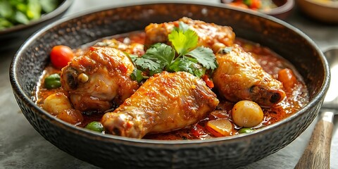 Wall Mural - Close-up of Spicy Chicken Drumsticks in a Black Bowl with Tomatoes, Peas, and Cilantro - Realistic Food Photography