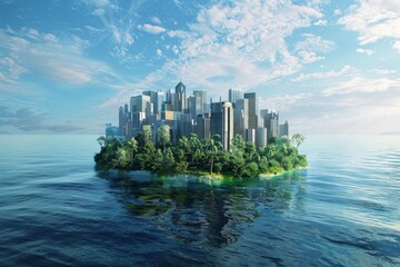 Wall Mural - Concept of a sustainable cityscape with skyscrapers and greenery on an island surrounded by the ocean