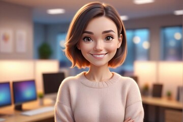 Smiling cartoon woman in office setting.