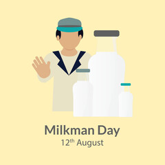 Milkman Day vector, illustration. Milkman with the bottles of cow's milk. August 12.