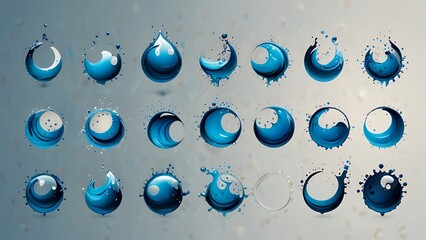 Canvas Print - Various blue water droplets and wave designs on a light background