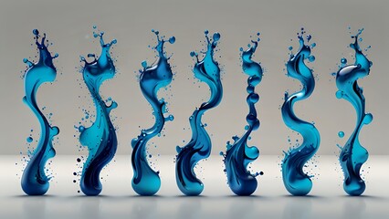 Blue liquid splashes in varying shapes against a neutral background