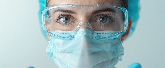 Wall Mural - a female scientist with safety goggles on clear white background, natural lighting