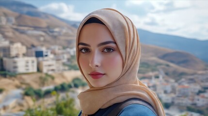 Poster - A woman wearing a headscarf standing in front of a city