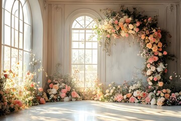 Background wedding luxurious white room with flowers and sunshine through the windown generate AI