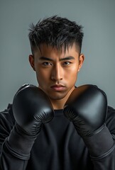 Wall Mural - A young man wearing boxing gloves in front of a gray background