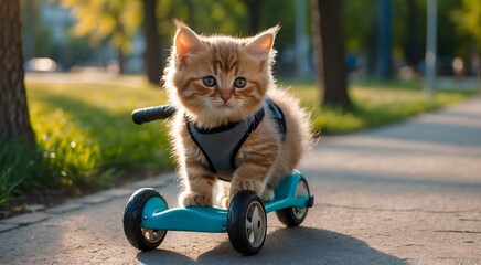 Wall Mural - cute cat on a scooter, kitten and scooter make a perfect adventure pair