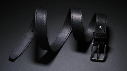 Top view of leather belt laid out in a spiral on black background. Hand stitched stylish men accessory.