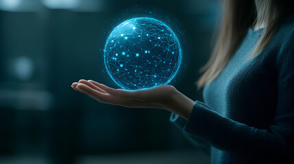 Metaverse Technology Concept. Woman's hand holding global network connection. Internet communication, Wireless connection technology. Polygonal shape of futuristic technology