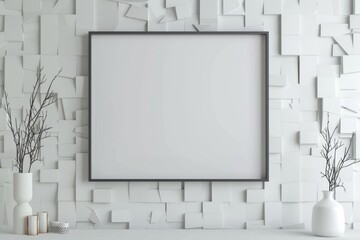 Sticker - Elegant white room showcasing a blank picture frame on a textured wall, accented with decorative branches