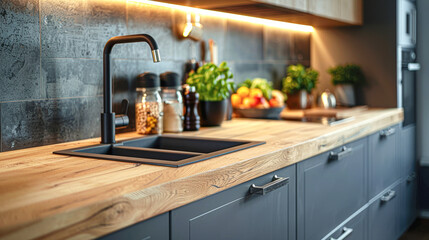 Canvas Print - Serene Modern Kitchen Interior with Wooden Countertop and Minimalist Design under Soft Ambient Light