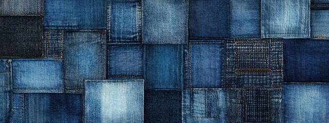 Wall Mural - patchwork denim textures pattern background. a creative use for recycled material. Fashion design	