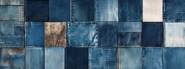 Wall Mural - patchwork denim textures pattern background. a creative use for recycled material. Fashion design	