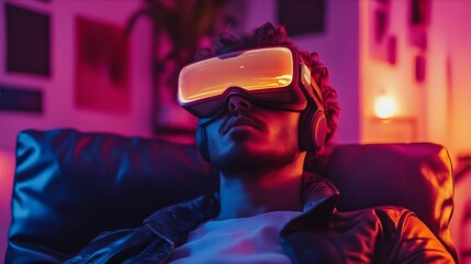 Canvas Print - A man wearing a pair of virtual reality glasses sitting on a couch