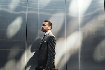 Wall Mural - A man in a suit is standing in front of a wall, holding a briefcase. Concept of professionalism and formality, as the man is dressed in a suit and tie