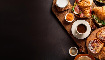 Top view of breakfast table full of assorted pastries, sandwiches and coffee served on wooden boards