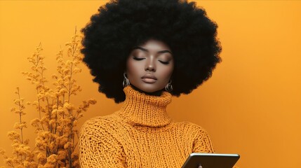 Poster - A woman with an afro holding a tablet computer in her hands