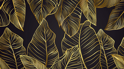 Wall Mural - Banana leaf pattern using a golden outline with a black background.