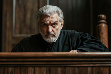 Stern judge in a black robe sits behind a wooden bench, emphasizing the gravity and solemnity of the courtroom atmosphere.