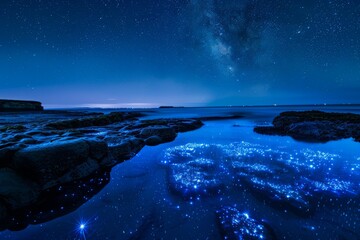 Bioluminescent plankton.Glowing plankton.Glowing beach.A dramatic long-exposure photograph of bioluminescent plankton lighting up a tidal pool, with stars reflected in the water