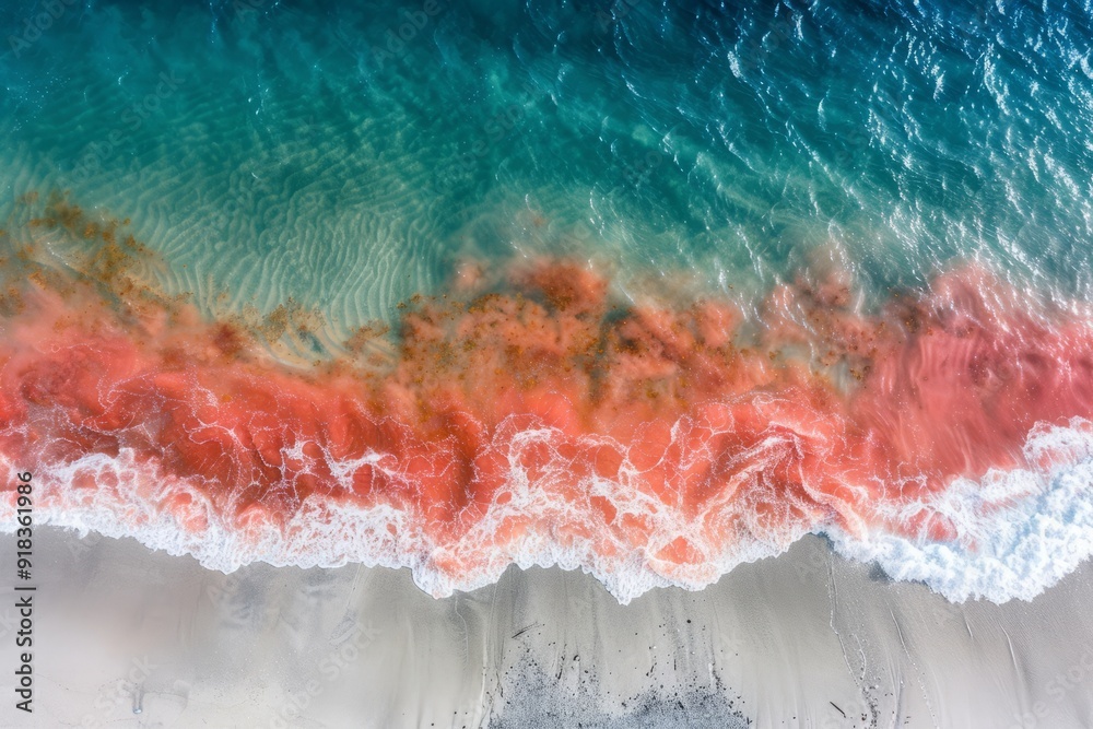 An aerial view of a red tide bloom spreading through clear blue ocean ...