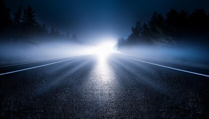 View of abstract shines on road between fog at night