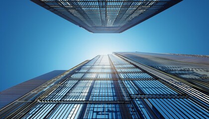 View of high rise glass building and dark steel window system on blue clear sky background,Business concept of future architecture,looking up to the sun light on the top of building. 3d render