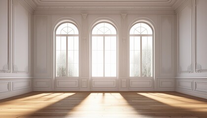 View of empty room in classic style with arch window design, Sun light cast shadow on the wood floor on white background. 3d rendering.t