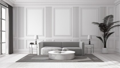 Wall Mural - View of white living room in classic style with furniture on bright laminate floor.Perspective of minimal design architecture. 3d rendering.t