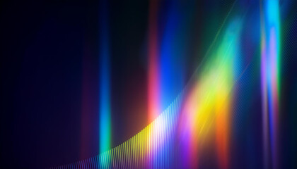 Wall Mural - Vibrant Neon Light Spectrum Reflection on a Dark Horizon with Gradient Beams in Blue, Green, Yellow, Orange, and Pink Hues Against a Deep Indigo Background