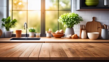 Wood table top on blur kitchen window banner background