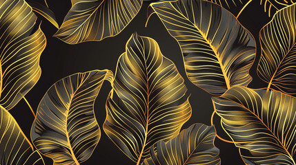 Wall Mural - Banana leaf pattern using a golden outline with a black background.