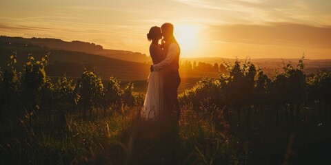 Poster - Silhouettes of a Couple Embracing at Sunset