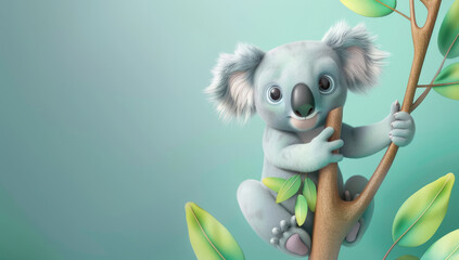 Wall Mural - Cute cartoon koala sitting on a tree with a happy face against a light blue background