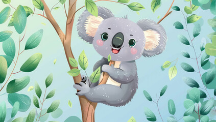 Wall Mural - Cute cartoon koala sitting on a tree with a happy face against a light blue background