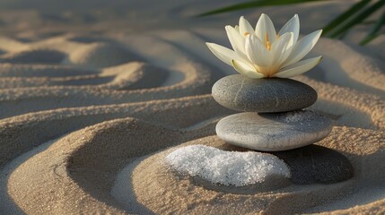 Poster - Zen Garden with White Flower and Stacked Stones