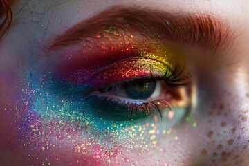 Poster - Closeup image showcasing colorful glittery eye makeup on a woman's eye