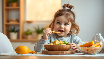 kid child girl eating healthy food at home isolated with white highlights, png