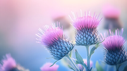 Wall Mural - Milk Thistle or silybum, herb with anti-inflammatory propertie on blue background. 