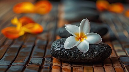 Poster - White Plumeria Flower on Black Stones and Bamboo Mat