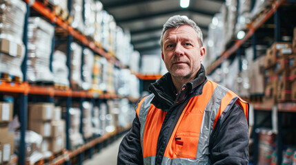 Poster - A man in an orange vest stands in a warehouse