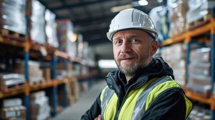 Poster - A man in a yellow vest and a hard hat stands in a warehouse