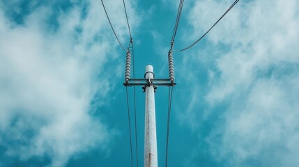 A tall electrical pole standing prominently against a clear blue sky, with wires extending outward, emphasizing connections, and industrial design in a modern cityscape.