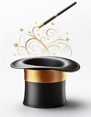  illustration of a Cylinder magic hat with golden ribbon and fairytale wand. Vintage man fashion and magic show concept. Vector art isolated on white background