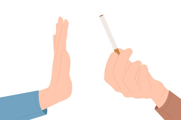 Smoking rejection, addiction and unhealthy behavior win. Scene with hand of smoker and addict offering tobacco cigarette to person with stop gesture of refusal to smoke cartoon vector illustration